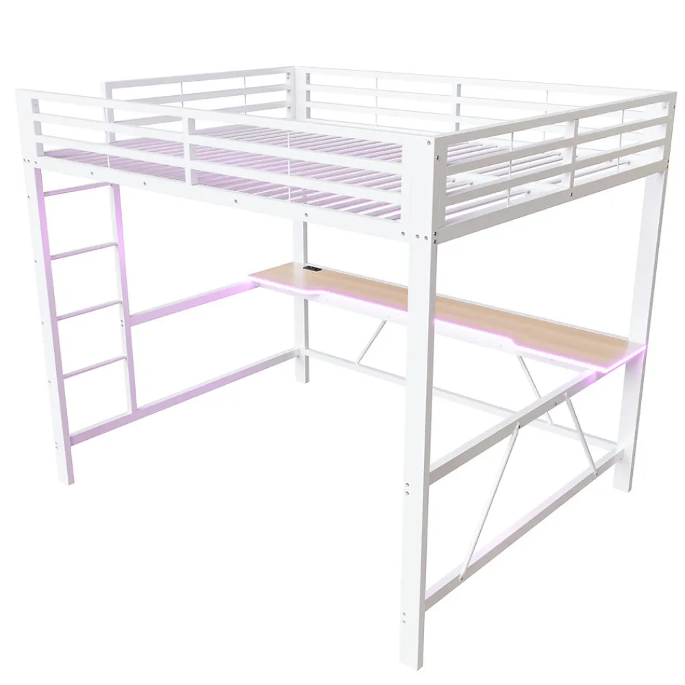 Lit mezzanine gaming en métal 160x200cm - avec bureau - avec éclairage LED et port de chargement USB - Blanc(sans matelas)>ModernLuxe Discount