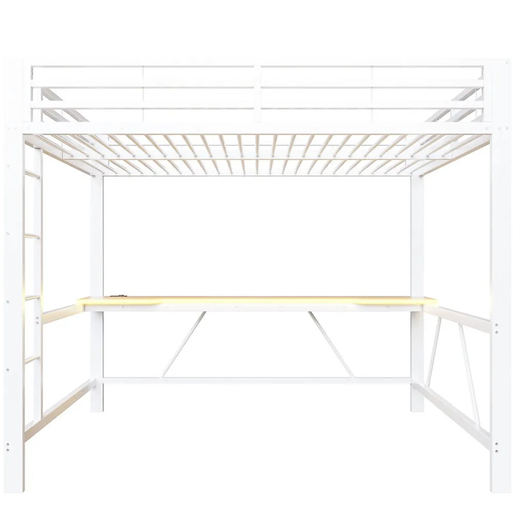 Lit mezzanine gaming en métal 160x200cm - avec bureau - avec éclairage LED et port de chargement USB - Blanc(sans matelas)>ModernLuxe Discount