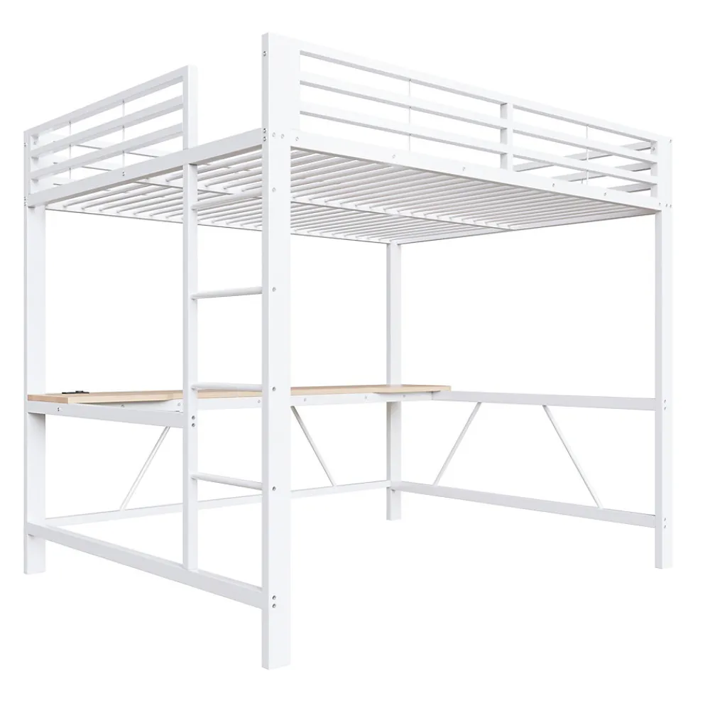 Lit mezzanine gaming en métal 160x200cm - avec bureau - avec éclairage LED et port de chargement USB - Blanc(sans matelas)>ModernLuxe Discount