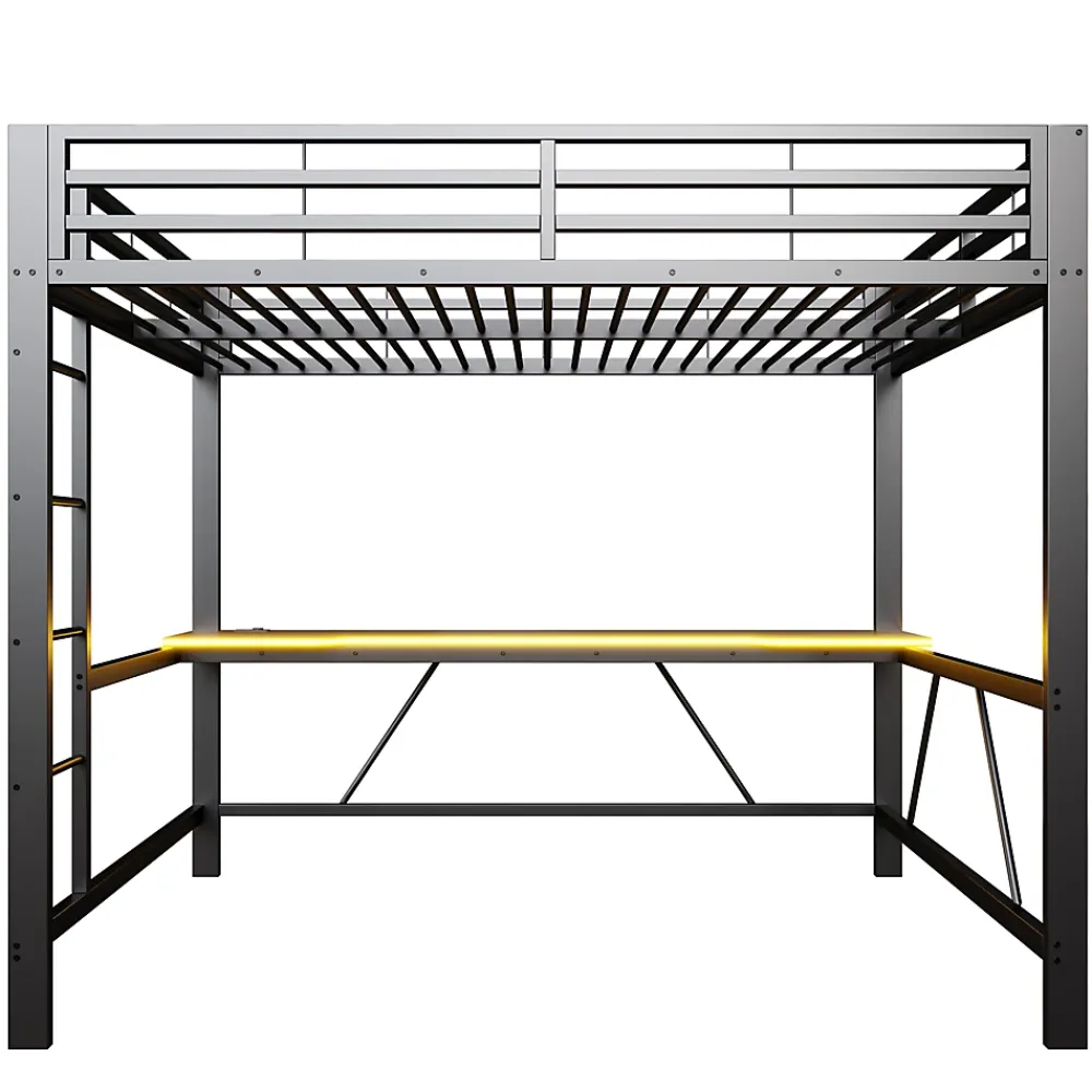 ModernLuxe Lit mezzanine gaming en métal 160x200cm - avec bureau - avec éclairage LED et port de chargement USB - Noir(sans matelas)* Lit Mezzanine