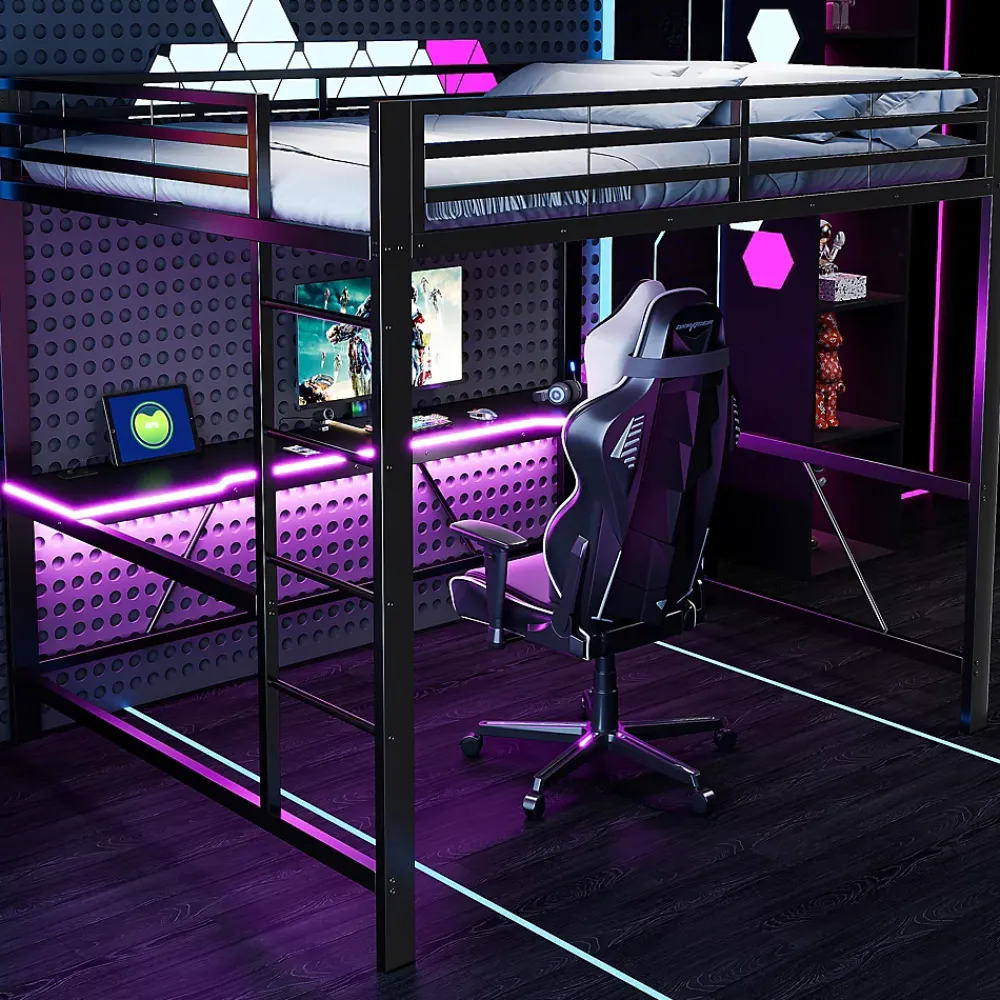 ModernLuxe Lit mezzanine gaming en métal 160x200cm - avec bureau - avec éclairage LED et port de chargement USB - Noir(sans matelas)* Lit Mezzanine