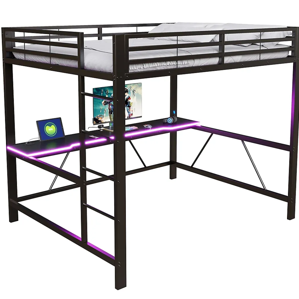 ModernLuxe Lit mezzanine gaming en métal 160x200cm - avec bureau - avec éclairage LED et port de chargement USB - Noir(sans matelas)* Lit Mezzanine