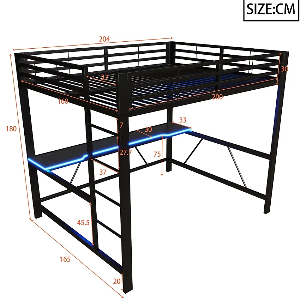ModernLuxe Lit mezzanine gaming en métal 160x200cm - avec bureau - avec éclairage LED et port de chargement USB - Noir(sans matelas)* Lit Mezzanine