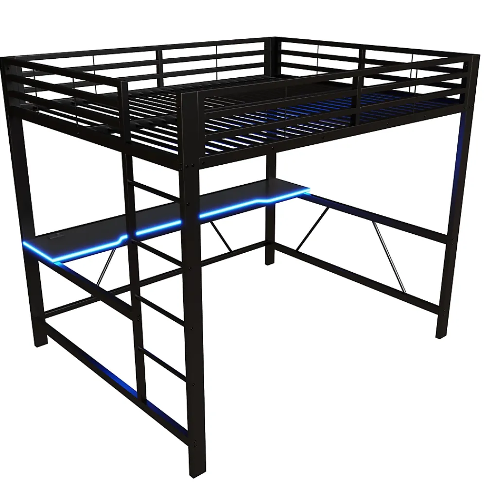 ModernLuxe Lit mezzanine gaming en métal 160x200cm - avec bureau - avec éclairage LED et port de chargement USB - Noir(sans matelas)* Lit Mezzanine