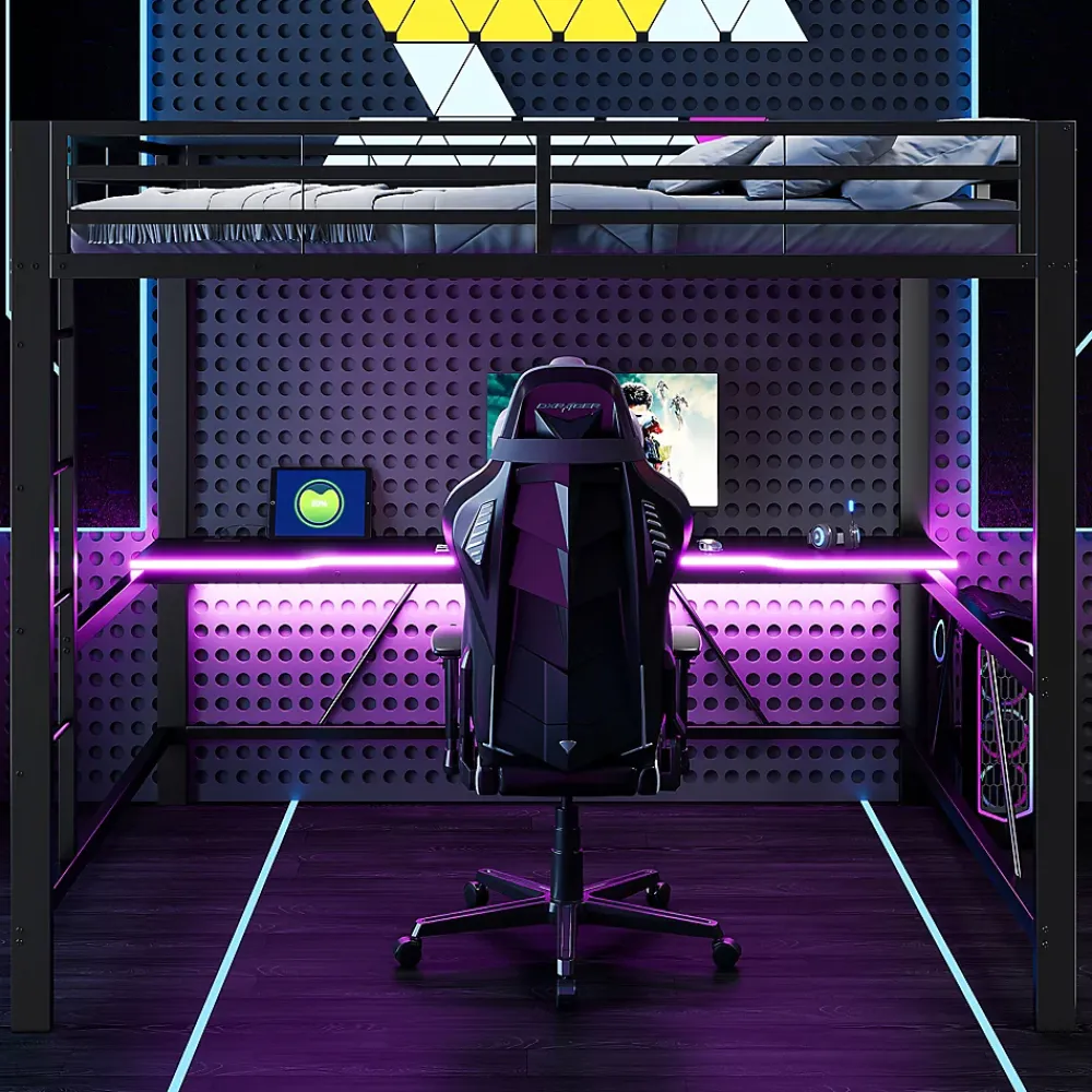 ModernLuxe Lit mezzanine gaming en métal 160x200cm - avec bureau - avec éclairage LED et port de chargement USB - Noir(sans matelas)* Lit Mezzanine