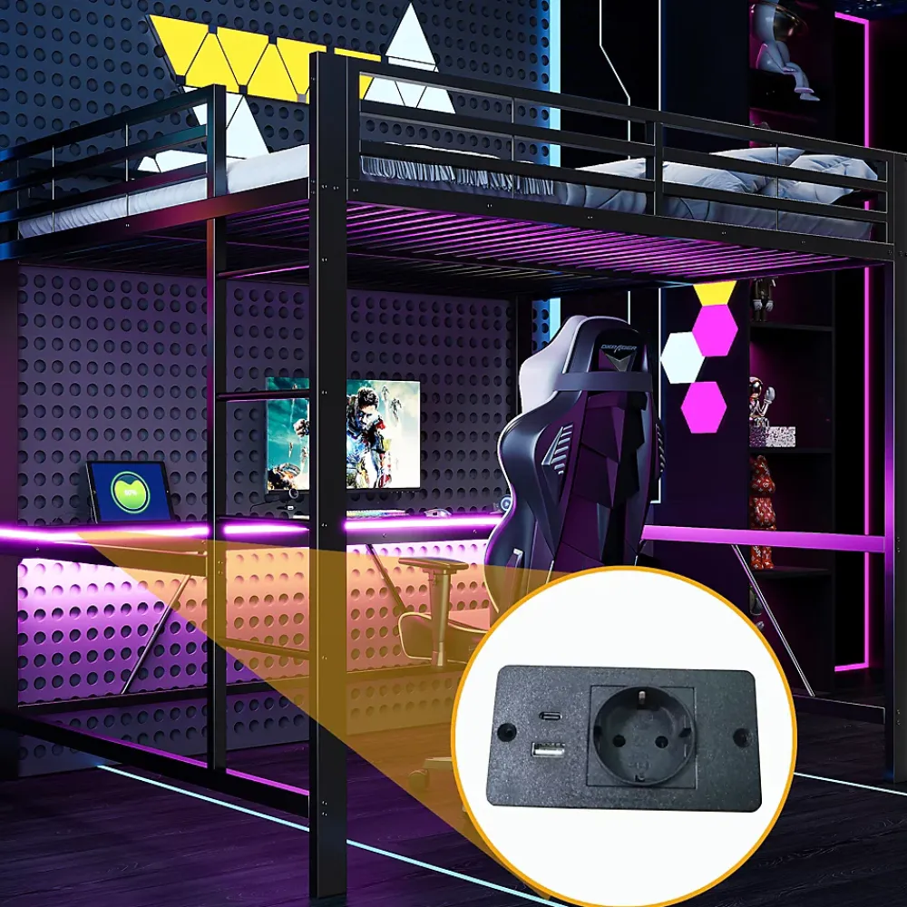ModernLuxe Lit mezzanine gaming en métal 160x200cm - avec bureau - avec éclairage LED et port de chargement USB - Noir(sans matelas)* Lit Mezzanine