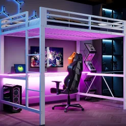 Lit mezzanine gaming en métal 140x200cm - avec bureau - avec éclairage LED et port de chargement USB - Blanc(sans matelas)>ModernLuxe Outlet