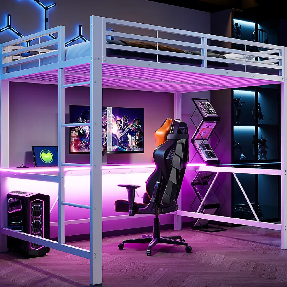 Lit mezzanine gaming en métal 140x200cm - avec bureau - avec éclairage LED et port de chargement USB - Blanc(sans matelas)>ModernLuxe Outlet