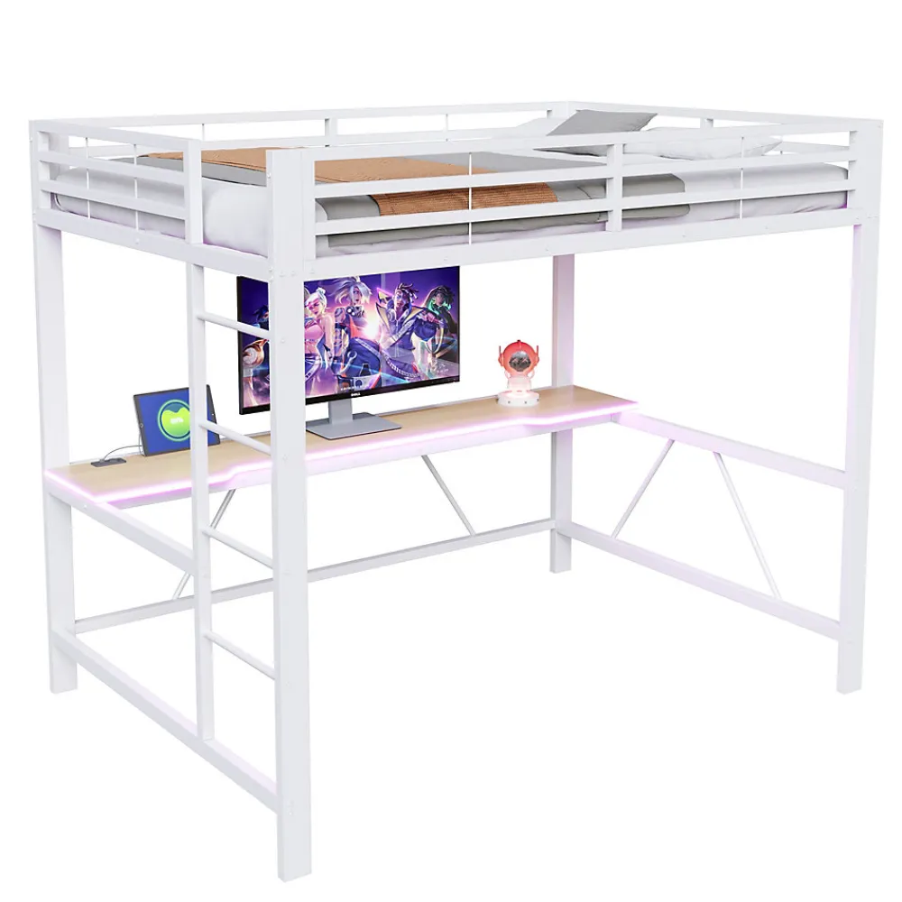 Lit mezzanine gaming en métal 140x200cm - avec bureau - avec éclairage LED et port de chargement USB - Blanc(sans matelas)>ModernLuxe Outlet