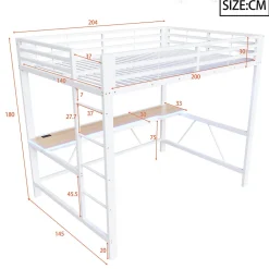 Lit mezzanine gaming en métal 140x200cm - avec bureau - avec éclairage LED et port de chargement USB - Blanc(sans matelas)><noscript><img width=