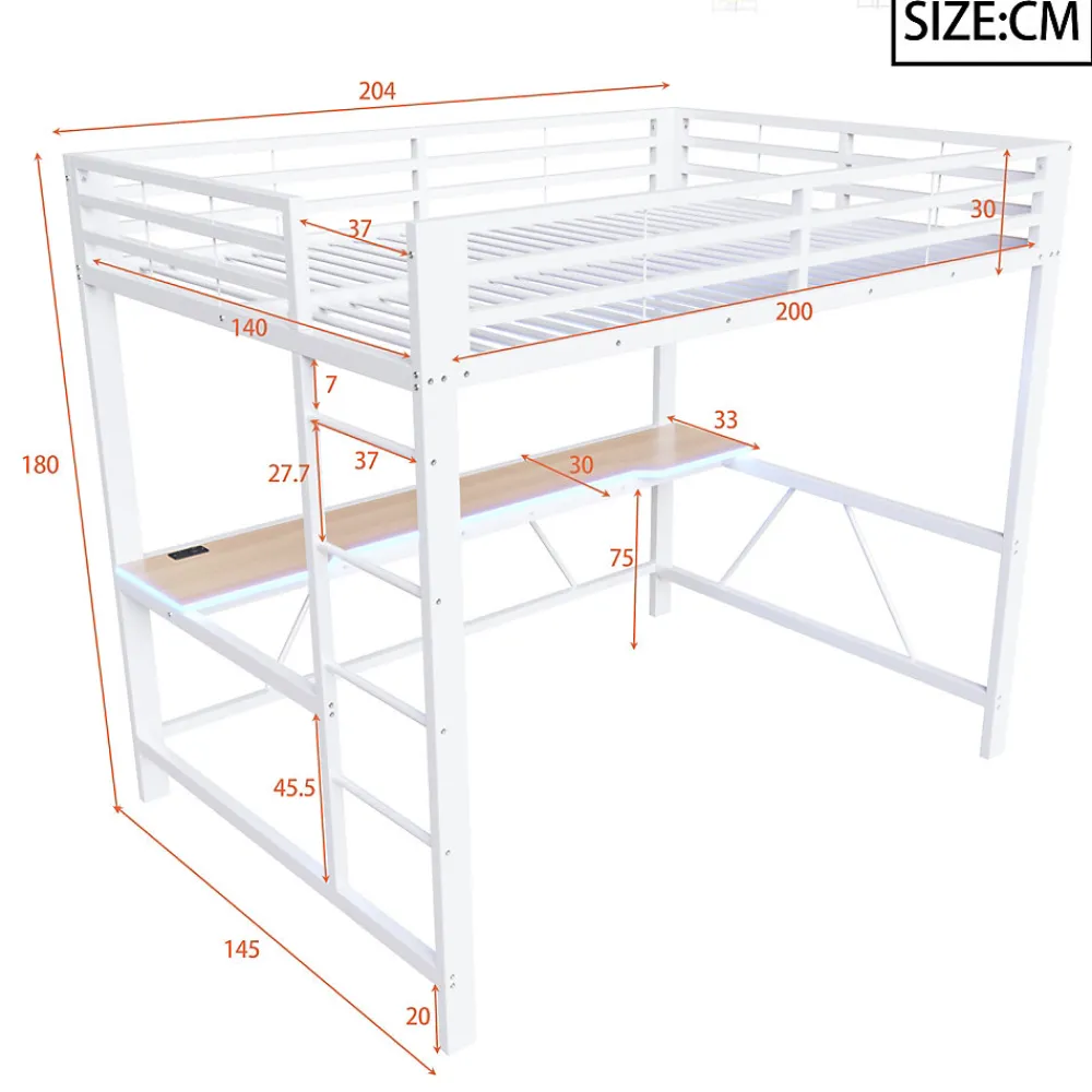 Lit mezzanine gaming en métal 140x200cm - avec bureau - avec éclairage LED et port de chargement USB - Blanc(sans matelas)>ModernLuxe Outlet