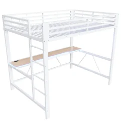 Lit mezzanine gaming en métal 140x200cm - avec bureau - avec éclairage LED et port de chargement USB - Blanc(sans matelas)><noscript><img width=