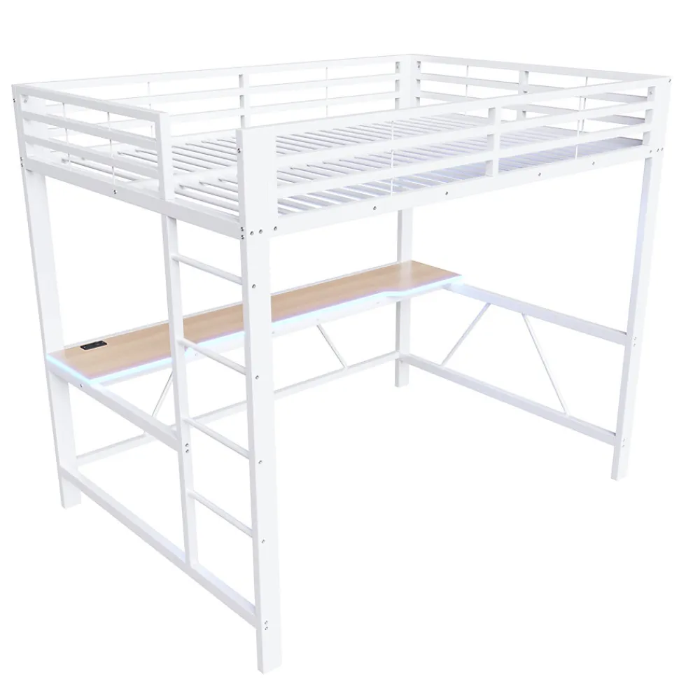 Lit mezzanine gaming en métal 140x200cm - avec bureau - avec éclairage LED et port de chargement USB - Blanc(sans matelas)>ModernLuxe Outlet
