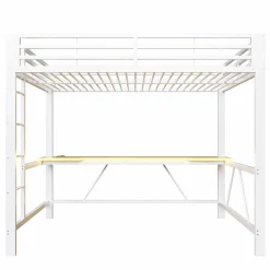 Lit mezzanine gaming en métal 140x200cm - avec bureau - avec éclairage LED et port de chargement USB - Blanc(sans matelas)><noscript><img width=