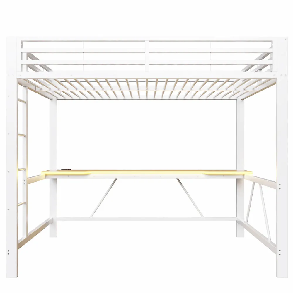 Lit mezzanine gaming en métal 140x200cm - avec bureau - avec éclairage LED et port de chargement USB - Blanc(sans matelas)>ModernLuxe Outlet