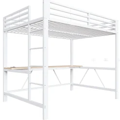 Lit mezzanine gaming en métal 140x200cm - avec bureau - avec éclairage LED et port de chargement USB - Blanc(sans matelas)><noscript><img width=