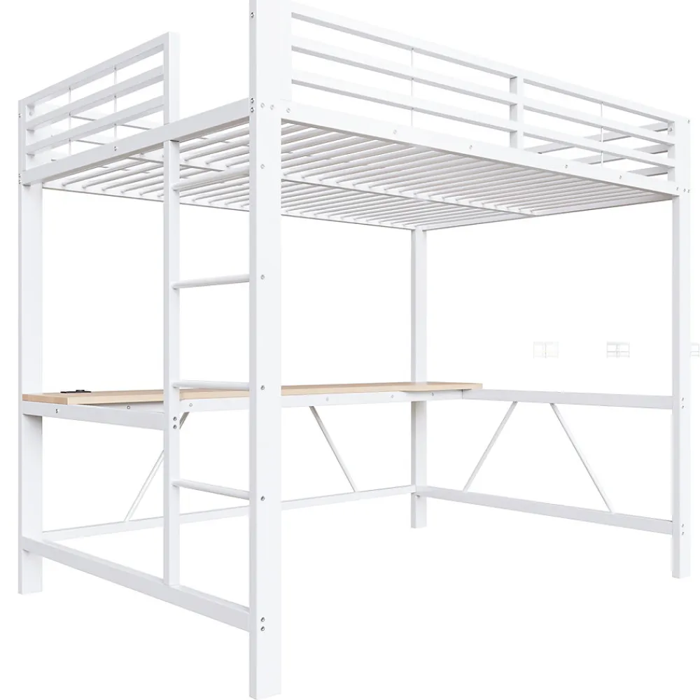 Lit mezzanine gaming en métal 140x200cm - avec bureau - avec éclairage LED et port de chargement USB - Blanc(sans matelas)>ModernLuxe Outlet