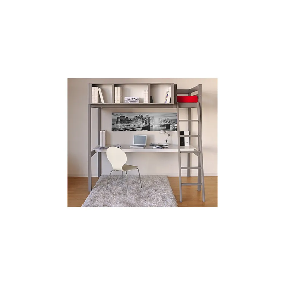 Lit mezzanine LOU 90x190 + 1 sommier + bureau + rangement 3 niches / Gris Taupe>Weber Industries Outlet