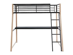 Vente-unique Lit mezzanine MALICIA - 90 x 190 cm - bureau intégré - Noir et chêne + matelas* Lit Mezzanine