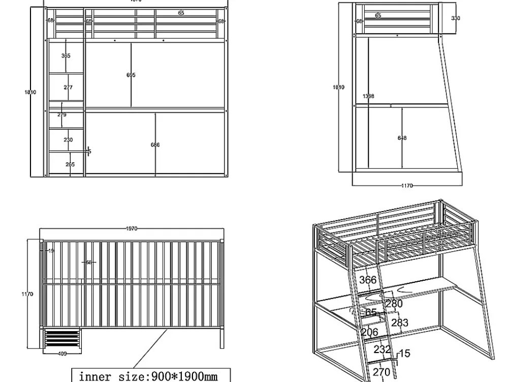 Vente-unique Lit mezzanine MALICIA - 90 x 190 cm - bureau intégré - Noir et blanc* Lit Mezzanine