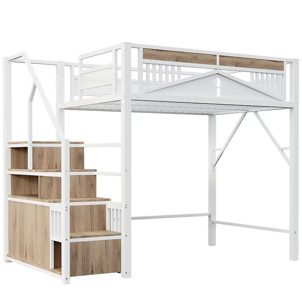 Okwish Lit Mezzanine Métal 140x200 cm avec Fenêtre et Garde-Corps - Blanc, Sans Matelas* Lit Mezzanine