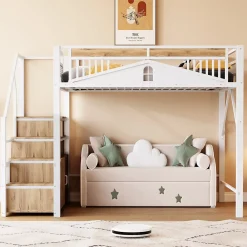 Okwish Lit Mezzanine Métal 140x200 cm avec Fenêtre et Garde-Corps - Blanc, Sans Matelas* Lit Mezzanine