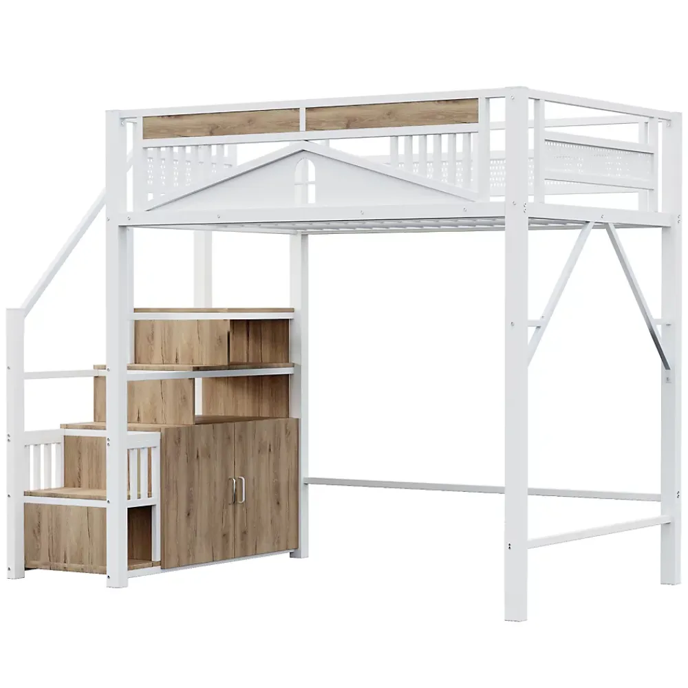 Okwish Lit Mezzanine Métal 140x200 cm avec Fenêtre et Garde-Corps - Blanc, Sans Matelas* Lit Mezzanine