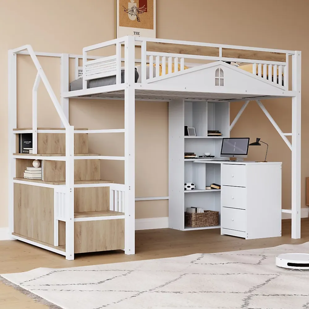 Okwish Lit Mezzanine Métal 140x200 cm avec Fenêtre et Garde-Corps - Blanc, Sans Matelas* Lit Mezzanine