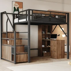 Lit Mezzanine Métal 140x200 cm avec Fenêtre et Garde-Corps - Noir, Sans Matelas>Okwish Hot