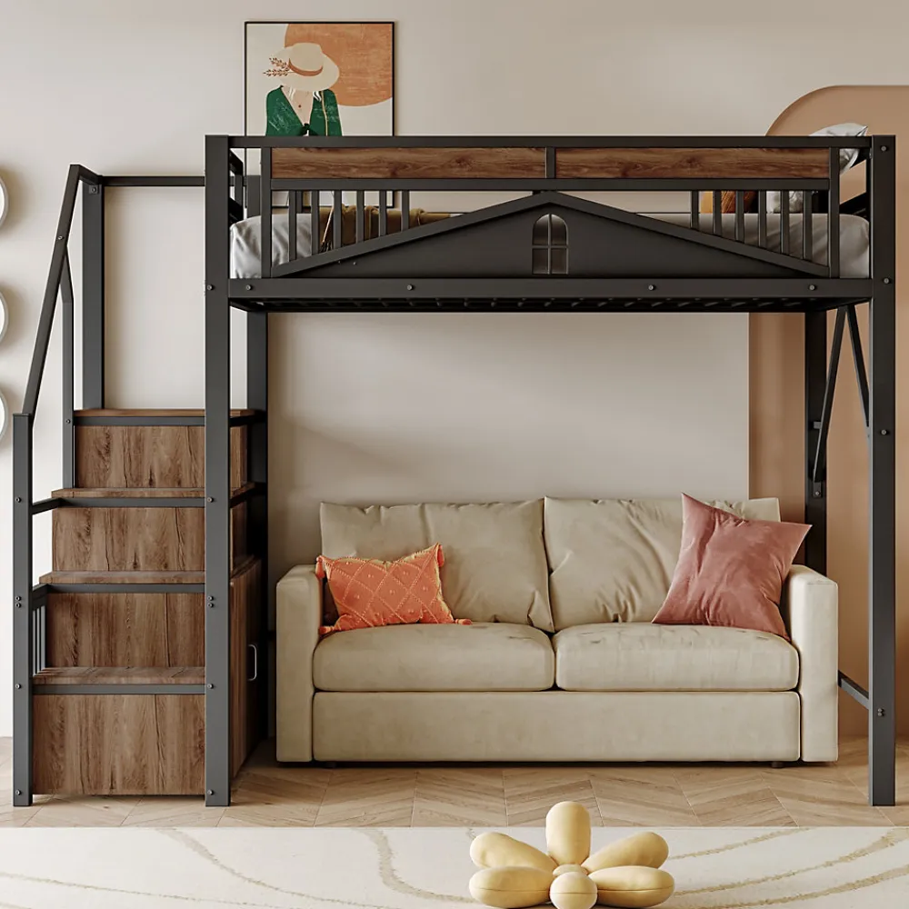 Lit Mezzanine Métal 140x200 cm avec Fenêtre et Garde-Corps - Noir, Sans Matelas>Okwish Hot