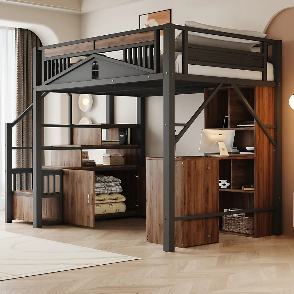 Lit Mezzanine Métal 140x200 cm avec Fenêtre et Garde-Corps - Noir, Sans Matelas>Okwish Hot