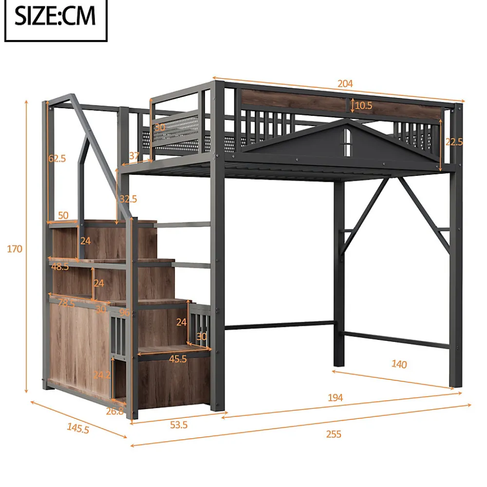Lit Mezzanine Métal 140x200 cm avec Fenêtre et Garde-Corps - Noir, Sans Matelas>Okwish Hot