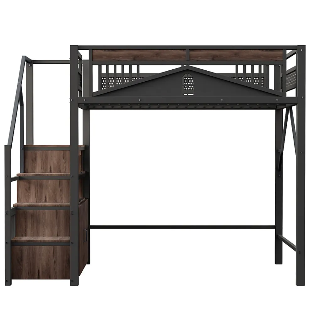 Lit Mezzanine Métal 140x200 cm avec Fenêtre et Garde-Corps - Noir, Sans Matelas>Okwish Hot