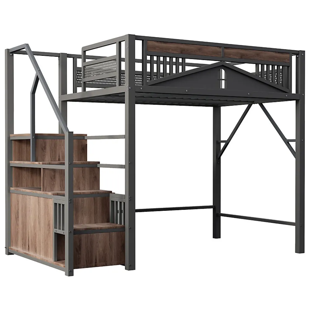 Lit Mezzanine Métal 140x200 cm avec Fenêtre et Garde-Corps - Noir, Sans Matelas>Okwish Hot