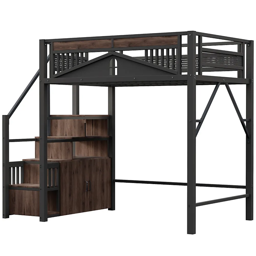 Lit Mezzanine Métal 140x200 cm avec Fenêtre et Garde-Corps - Noir, Sans Matelas>Okwish Hot