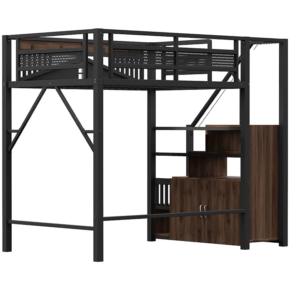 Lit Mezzanine Métal 140x200 cm avec Fenêtre et Garde-Corps - Noir, Sans Matelas>Okwish Hot
