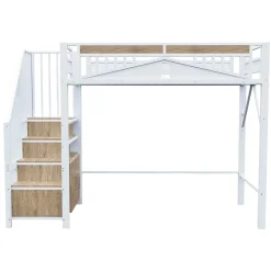 Okwish Lit Mezzanine Métal 90x200 cm avec Fenêtre Sécurisée et Escalier de Rangement - Métal Blanc* Lit Mezzanine