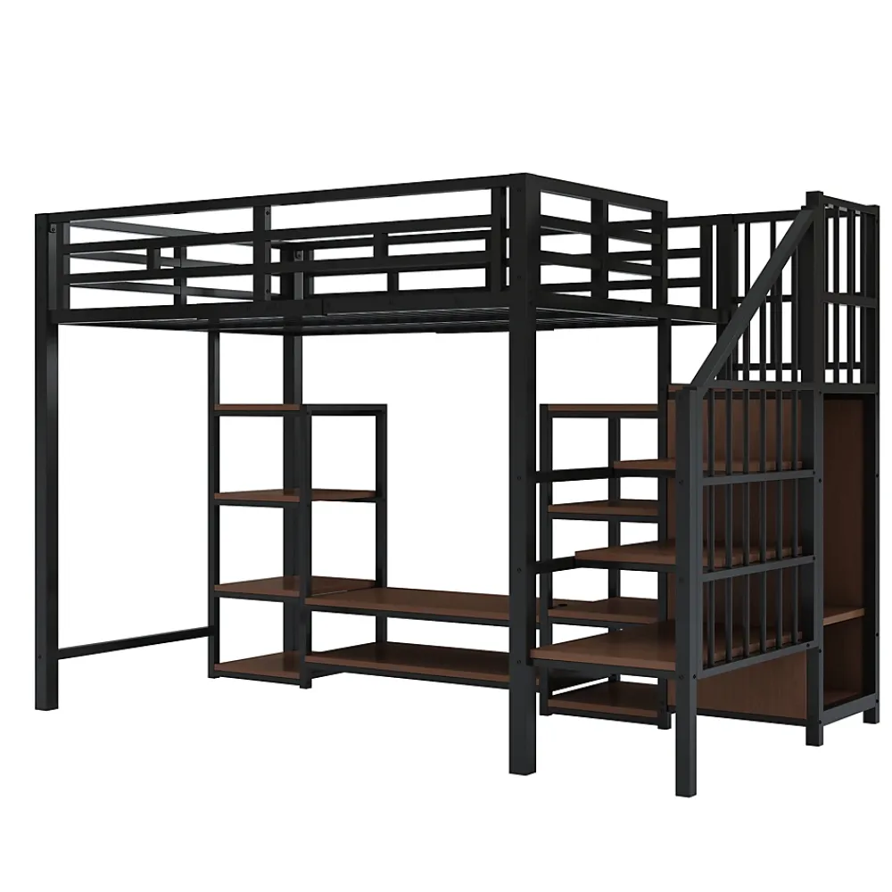 Okwish Lit Mezzanine Métal 90x200 cm enfant avec Escalier Sécurisé, Rangement et Support TV - Noir* Lit Mezzanine