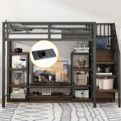 Okwish Lit Mezzanine Métal 90x200 cm enfant avec Escalier Sécurisé, Rangement et Support TV - Noir* Lit Mezzanine