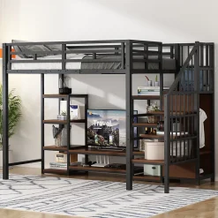 Okwish Lit Mezzanine Métal 90x200 cm enfant avec Escalier Sécurisé, Rangement et Support TV - Noir* Lit Mezzanine