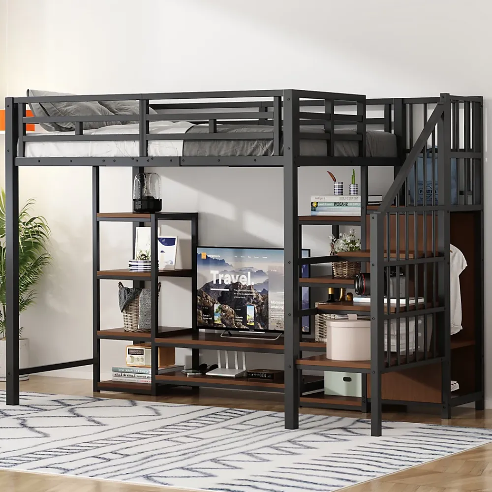 Okwish Lit Mezzanine Métal 90x200 cm enfant avec Escalier Sécurisé, Rangement et Support TV - Noir* Lit Mezzanine