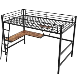 Urban Meuble Lit mezzanine métallique noir avec bureau en L et étagère 90x200cm* Lit Mezzanine