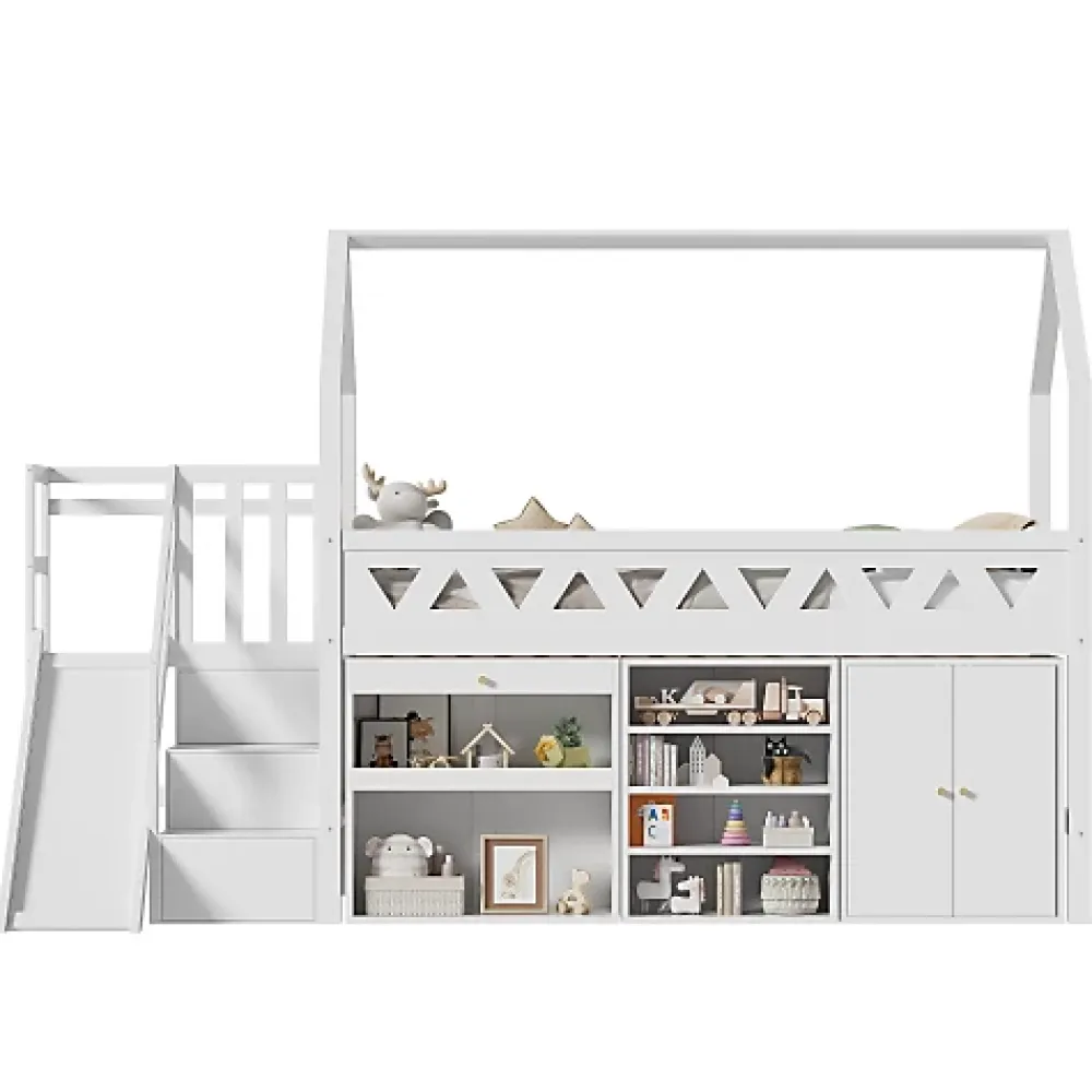 ModernLuxe Lit mezzanine multifonctionnel 90x200 cm en bois et MDF - avec toboggan, escalier et casiers - Blanc(sans matelas)*Enfant Lit Enfant