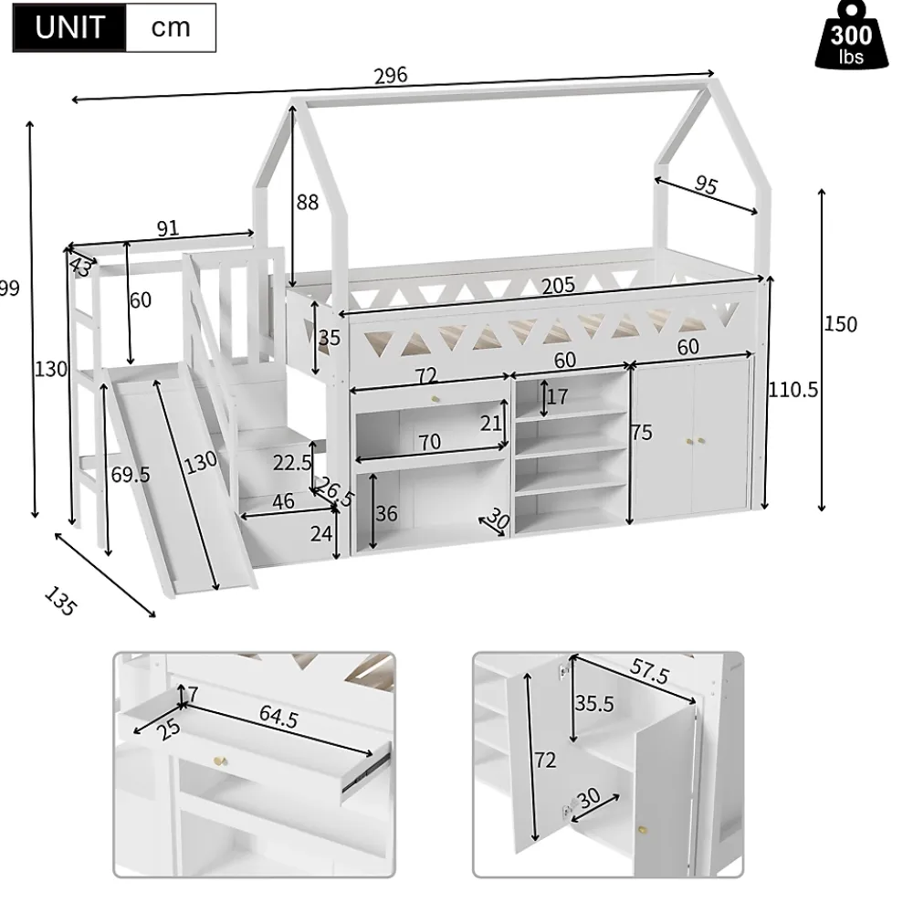 ModernLuxe Lit mezzanine multifonctionnel 90x200 cm en bois et MDF - avec toboggan, escalier et casiers - Blanc(sans matelas)*Enfant Lit Enfant