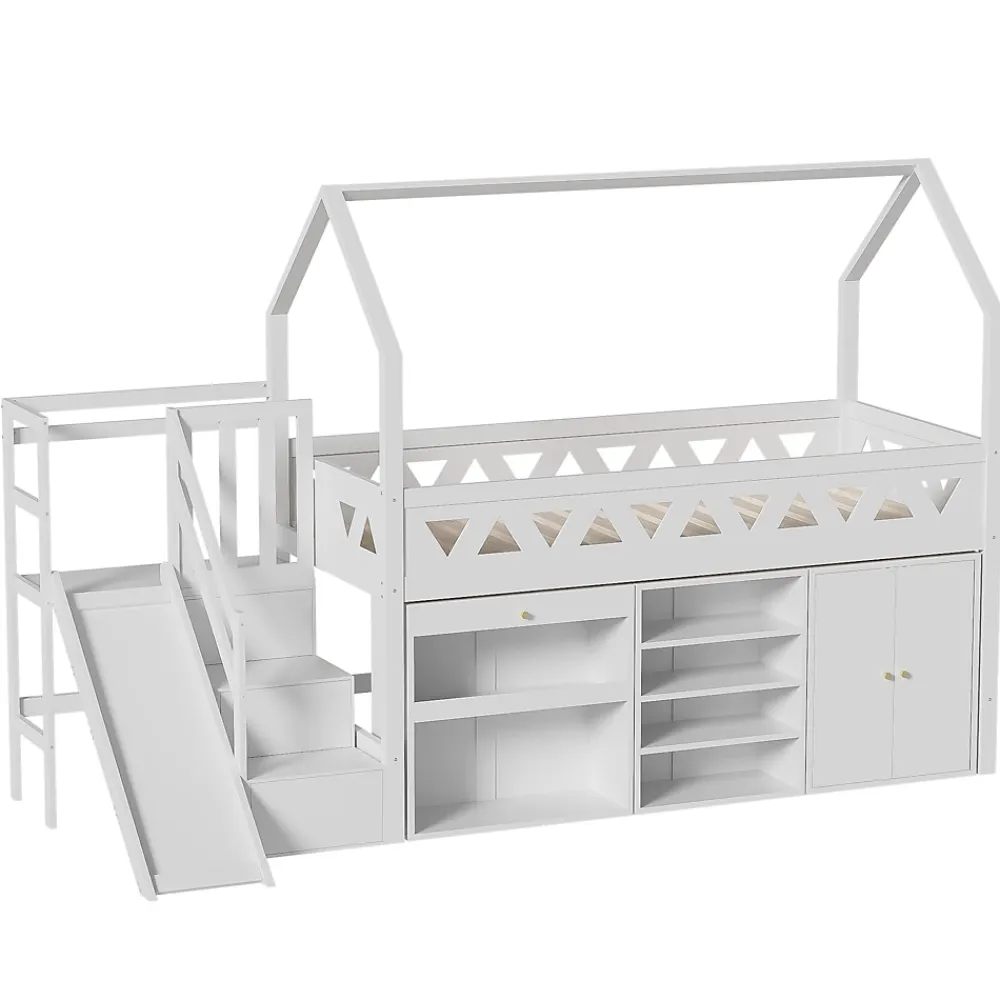 ModernLuxe Lit mezzanine multifonctionnel 90x200 cm en bois et MDF - avec toboggan, escalier et casiers - Blanc(sans matelas)*Enfant Lit Enfant
