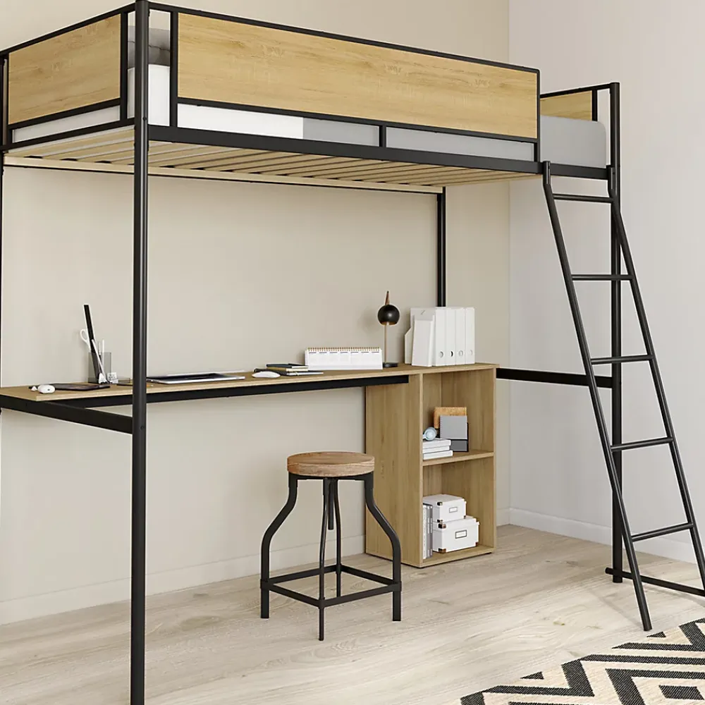 IDMarket Lit mezzanine simple DETROIT avec bureau et rangements 90 x 190 cm design industriel* Lit Double