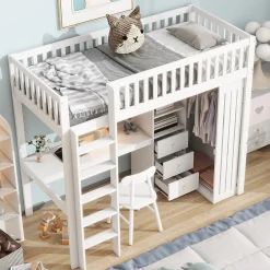 Lit Mezzanine Simple 90x200 cm - En Bois, Avec Bureau et Armoire, Escalier avec Rangements Intégrés - Sans Matelas - Blanc>Okwish Sale