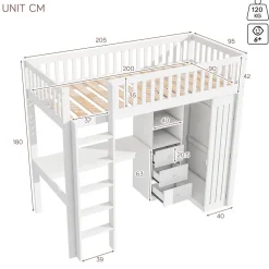 Lit Mezzanine Simple 90x200 cm - En Bois, Avec Bureau et Armoire, Escalier avec Rangements Intégrés - Sans Matelas - Blanc><noscript><img width=