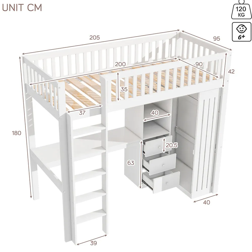 Lit Mezzanine Simple 90x200 cm - En Bois, Avec Bureau et Armoire, Escalier avec Rangements Intégrés - Sans Matelas - Blanc>Okwish Sale