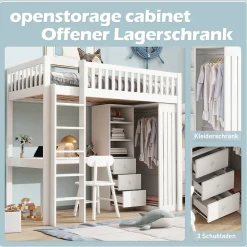 Lit Mezzanine Simple 90x200 cm - En Bois, Avec Bureau et Armoire, Escalier avec Rangements Intégrés - Sans Matelas - Blanc><noscript><img width=